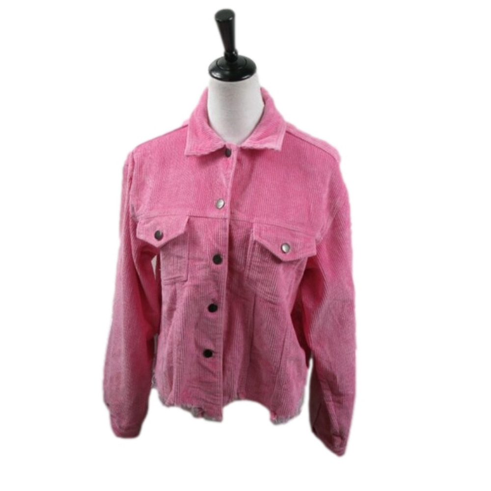 POL Pink Frayed Hemline Button Front Corduroy Jacket Size Medium